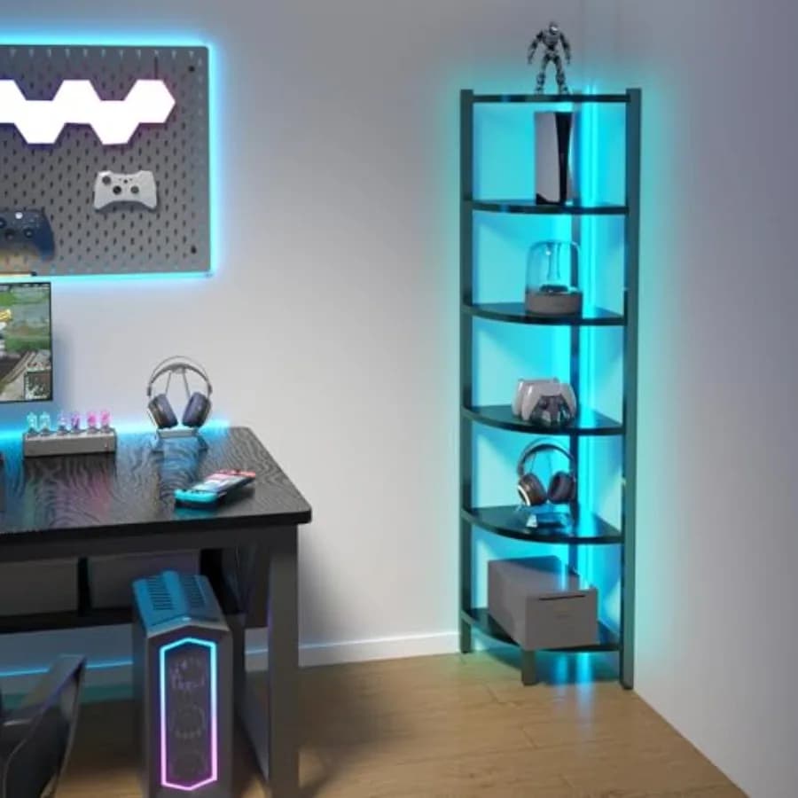Scaffale Angolare con Luci LED, Libreria Angolare a 6 Ripiani, Scaffale Organizzatore da 66'' con Struttura in Acciaio, Espositore per Soggiorno