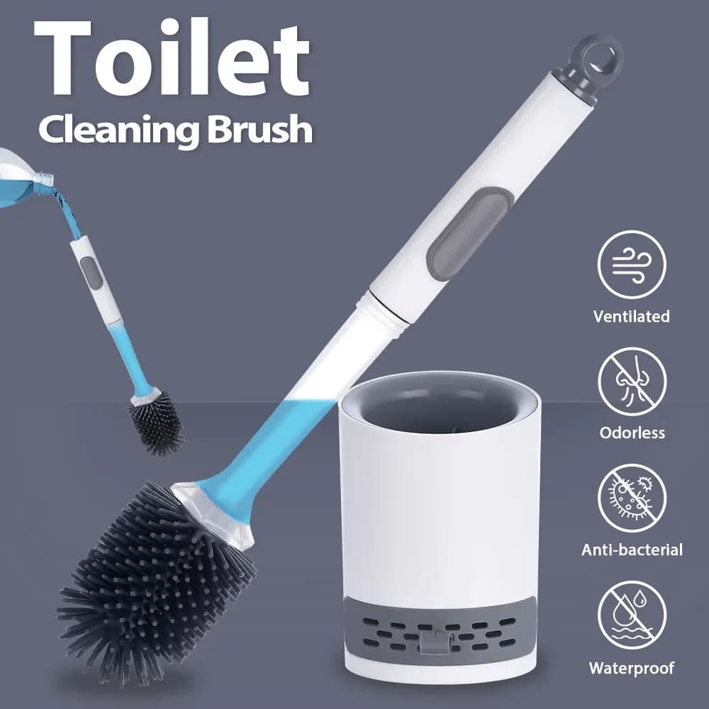 Scopino per WC in silicone con getto d'acqua Spazzola TPR in silicone ricaricabile con manico lungo da 40 cm con accessori per la pulizia del bagno a parete