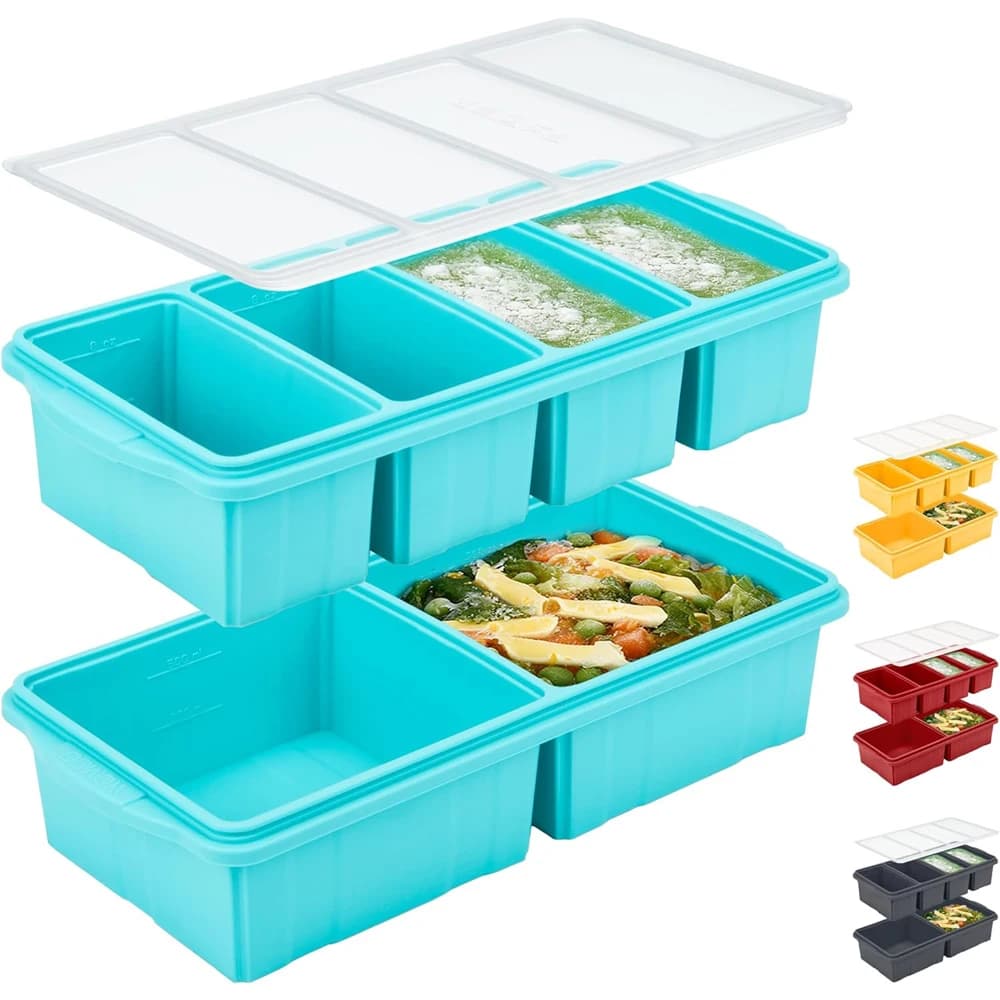 Vassoio per congelatore in silicone con coperchio - Stampi per contenitori per congelare zuppe - Set di vassoi per cubetti di ghiaccio di grandi dimensioni che producono cubetti da 1 e 2 tazze.