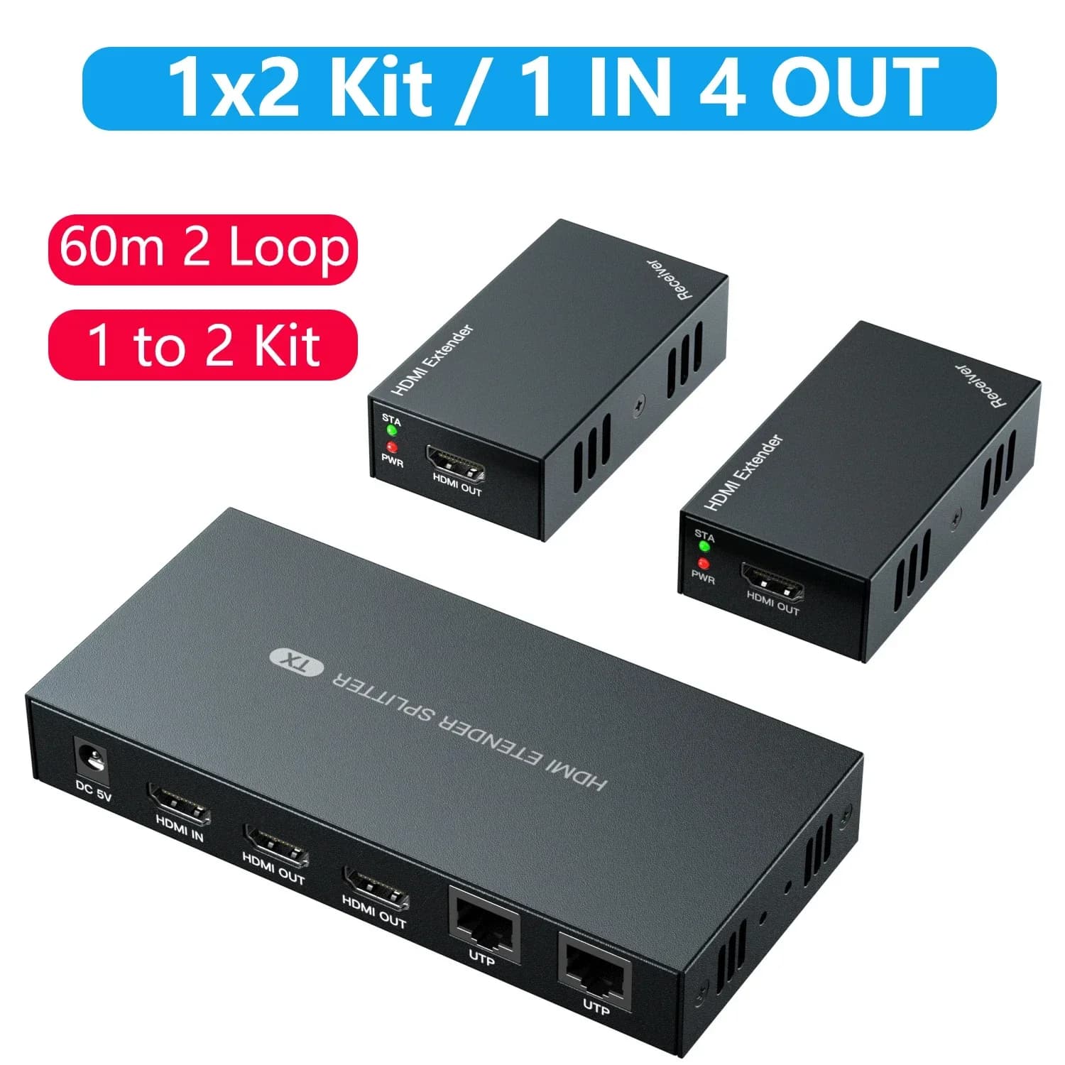 Extender HDMI Ethernet 1080P tramite cavo RJ45 Cat6 60m, trasmettitore e ricevitore video, convertitore 1 a 2, kit 1x2 HDMI Loop, 1 ingresso 2, 3, 4 uscite