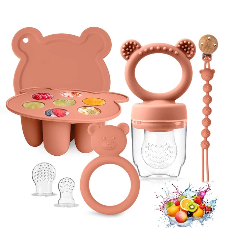 Set di elementi essenziali per bambini in silicone senza BPA Vassoio per congelatore con mangiatoia per frutta per bambini e clip per ciuccio in silicone e combinazione di massaggiagengive per orsi