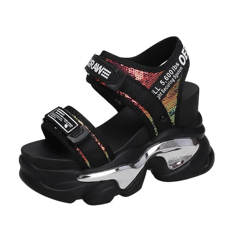 New 2026 Summer Women High Platform Sandals 10CM Wedge Heels Bling Slippers Peep Toe High Heels White Leather Chunky Flip-Flops