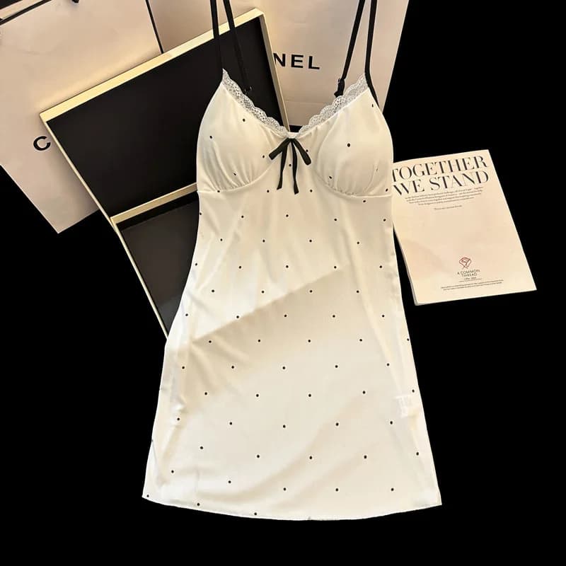 Summer New Arrival Women Sexy Polka Dot Bow Ice Silk Ribbed Stretch Lace Spaghetti Strap Nightgown Loungewear Sleepwear