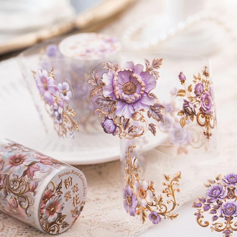 5x200cm Vintage Baroque Floral Washi Tape, Luxurious Flower Motifs with Classic Baroque Details, Durable
