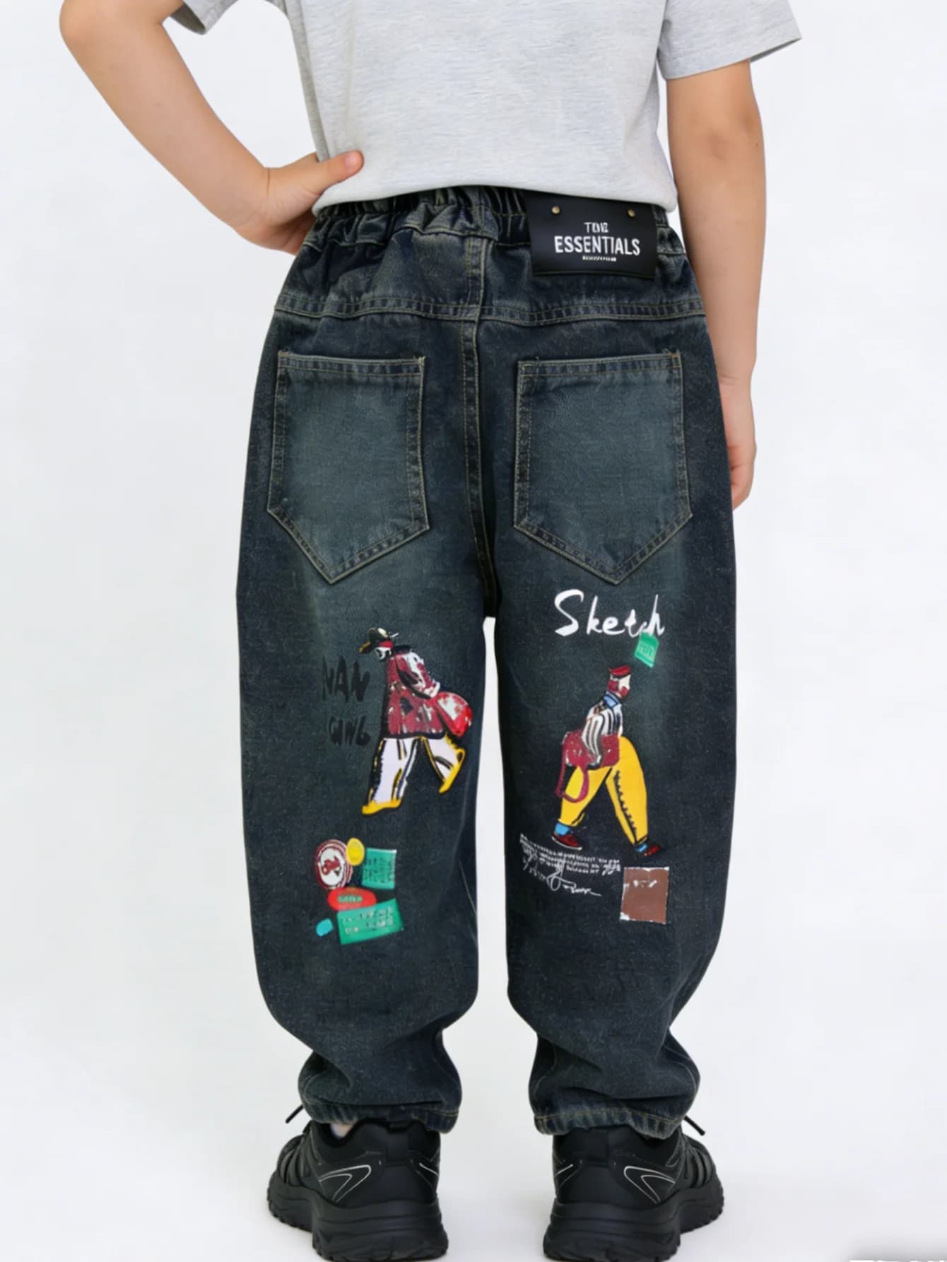Jeans Vintage Lavati per Bambini, Pantaloni Casual con Stampa Cartoon, Vita Elastica e Tasche, Nuova Collezione 2025