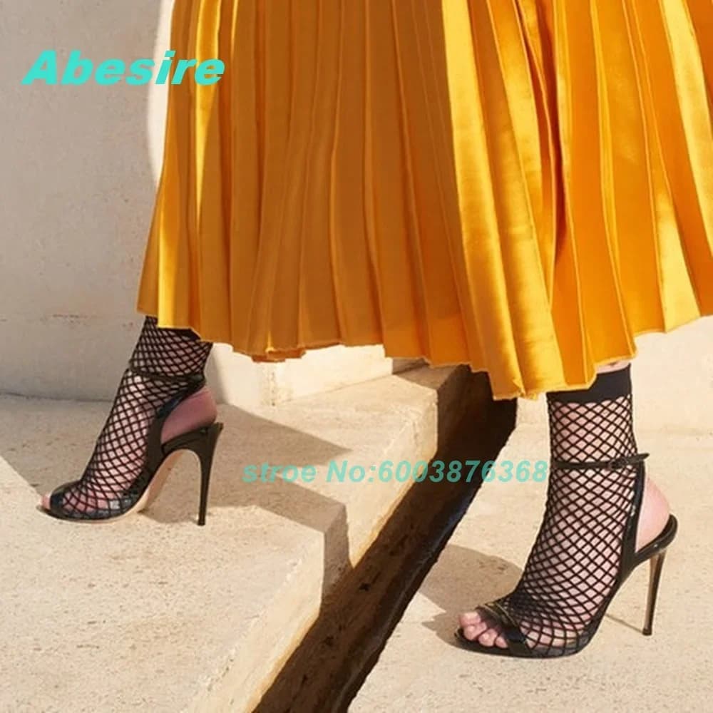 Slingback Strap Ankle Buckle Women's Sandals Red Mesh Open Toe Stiletto Heels Sandals Summer Sexy Y2K Nightclub Party Sandals