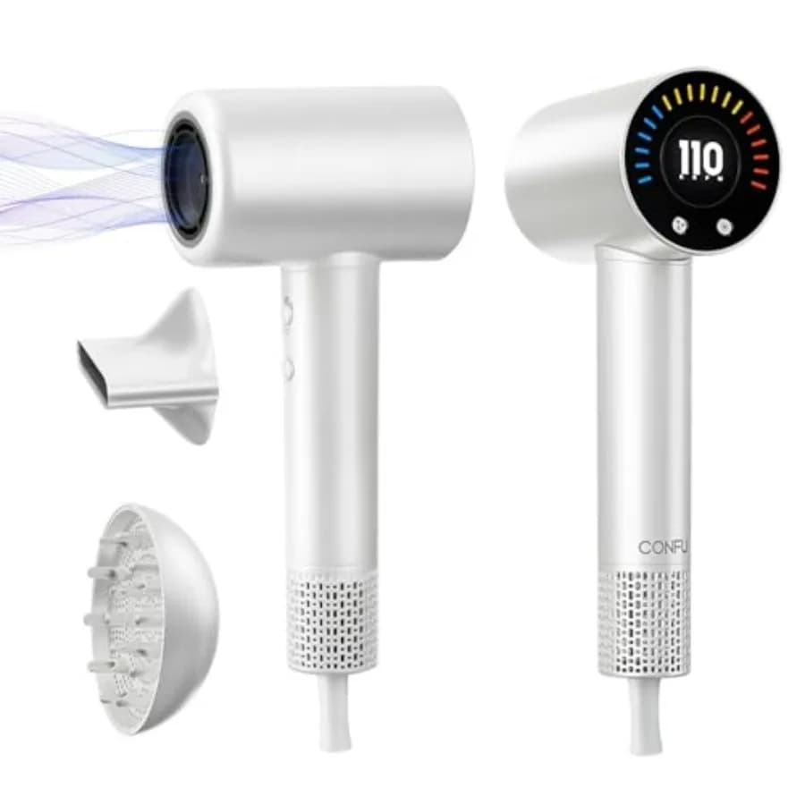 Asciugacapelli per uso professionale e domestico, rivestito in ceramica bianca con tecnologia ionica, asciugatura ultra-rapida a 110.000 RPM, include magnete