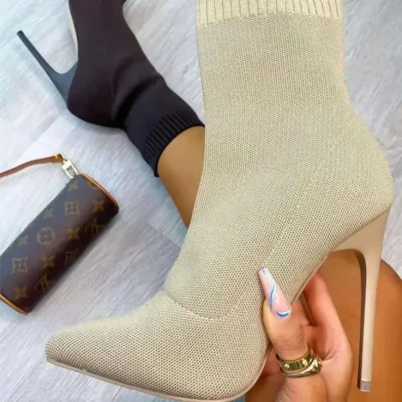 2024 Inverno Nuove Donne Stivali Corti Tacchi Alti Donne Botas Mujer Lavorato A Maglia Al Ginocchio Nero Tessuto Elasticizzato Elegante Calzino Stivali