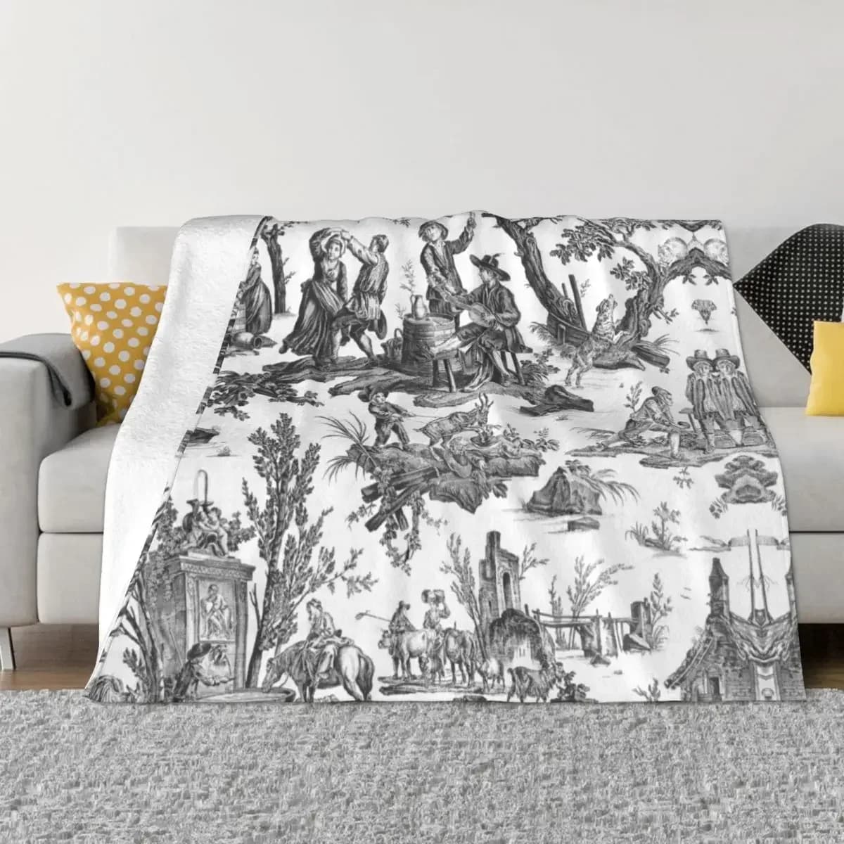 In bianco e nero Toile De Jouy coperta in morbido pile caldo flanella motivi francesi coperta floreale per divano letto ufficio trapunta regalo