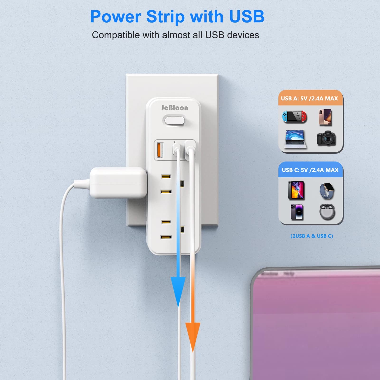 Stati Uniti 360 ° Protezione da sovratensione per ciabatta rotante, 6 prese CA 3 USB (1USB-C), presa a muro a 3 poli, adattatore da viaggio multi-spina