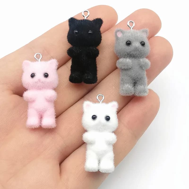2 pezzi carino 3D soffice floccaggio resina gatto animale pendenti con ciondoli portachiavi colorato collana pendente artigianato fai da te creazione di gioielli