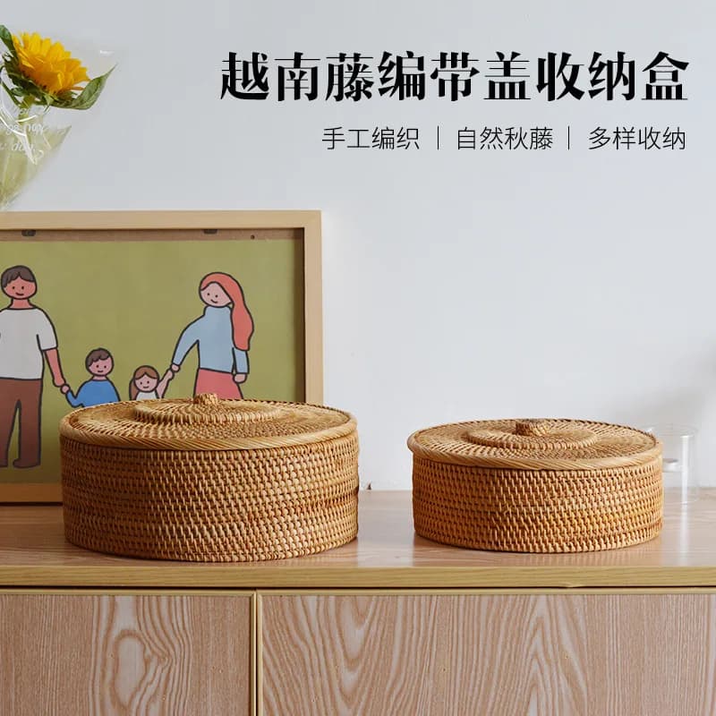 Scatola portaoggetti circolare in legno massello intrecciato a mano con vite autunnale vietnamita con coperchio, scatola per raccolta e organizzazione di frutta secca Pu erh