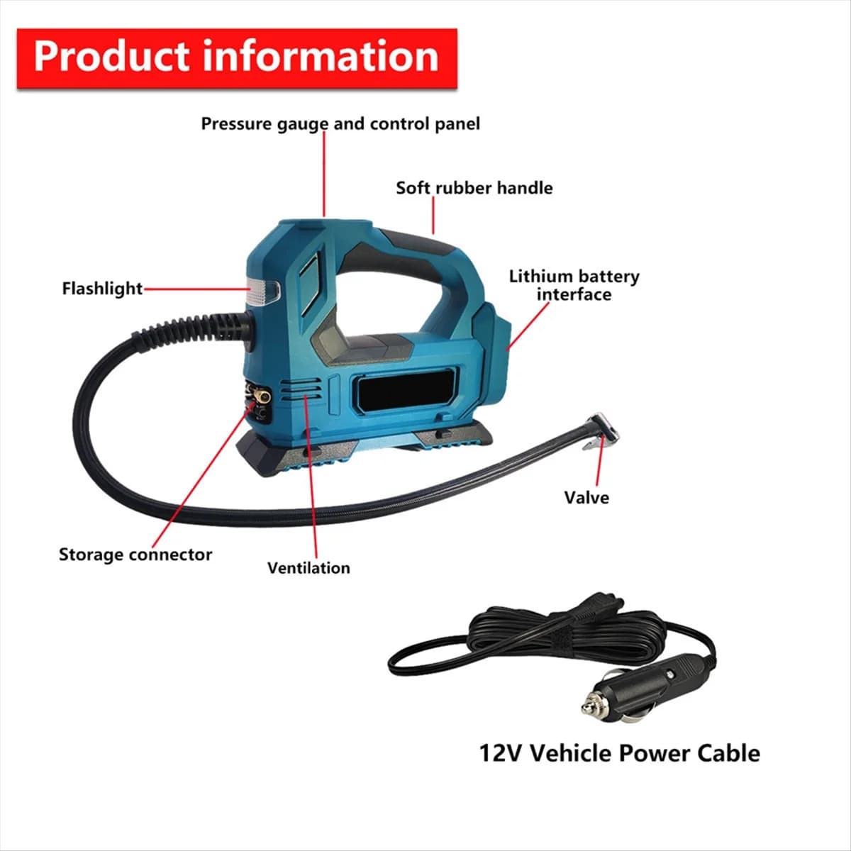 ABNJ Pompa d'aria elettrica a batteria per pneumatici per biciclette per auto Palline Compressore d'aria portatile per gonfiaggio pneumatici per auto per batteria da 18 V