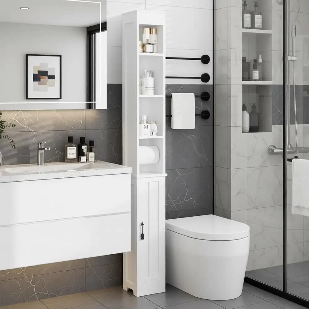 Armadietto da bagno stretto con 3 ripiani regolabili, armadietto autoportante alto 71" con porta carta igienica, Slim Tower Ca