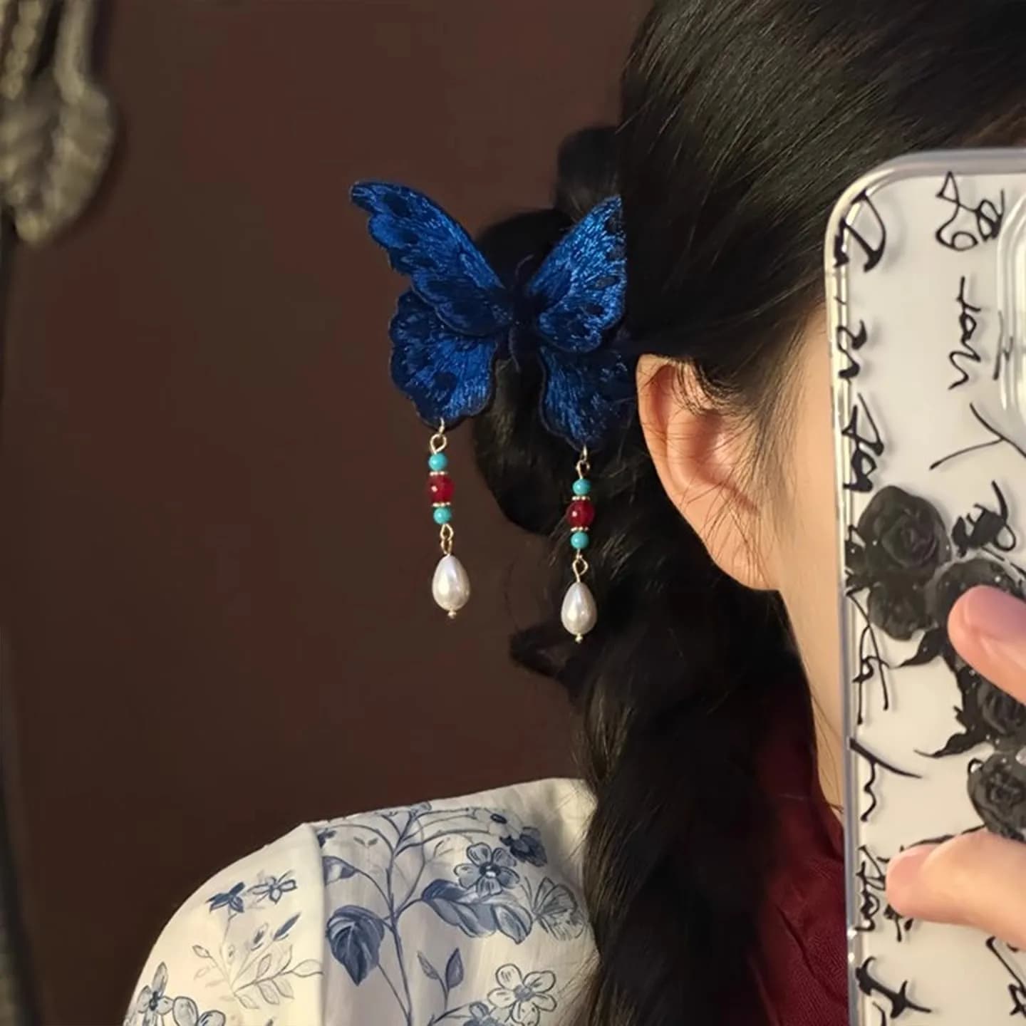 New hair fork with blue butterfly tassel embroidered in Chinese style, side fork in old style, hair accessories, accessories for Hanfu Qipao