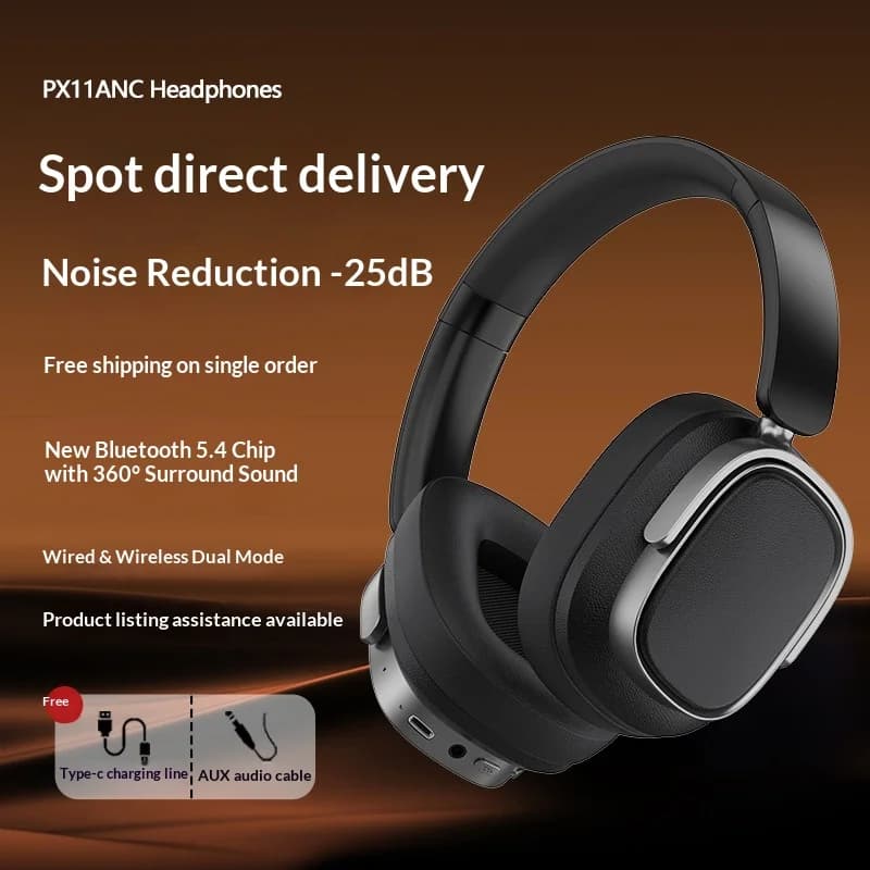 Bluetooth Headphones Over-Ear Fmouse Px11 ANC Leather with Reboundable Microphone, Low Latency, for Gaming, Cablate and Wireless