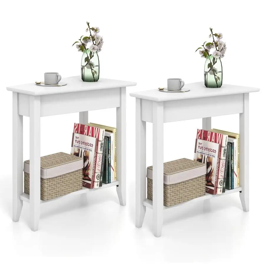 Set di 2 tavolini a cuneo a 2 livelli, tavolino triangolare stretto con ripiano portaoggetti, gambe in legno massello, comodino, tavolino a cuneo per poltrona reclinabile