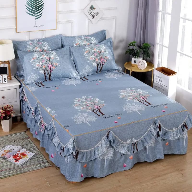 Bed skirt Cotton bed cover set Embroidery 3 pieces/set for King/Queen Double1.2/ 1.5/1.8/2M