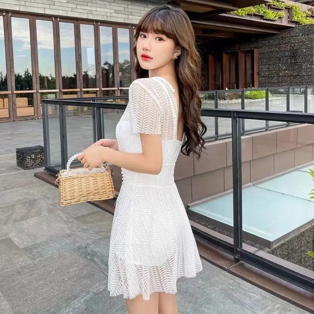 Mesh Hollow Lace Skirt Swimsuit Transparent Short Sleeve Bathing Swimwear Suit Beachwear Backless Hot Spring Swimwear Women