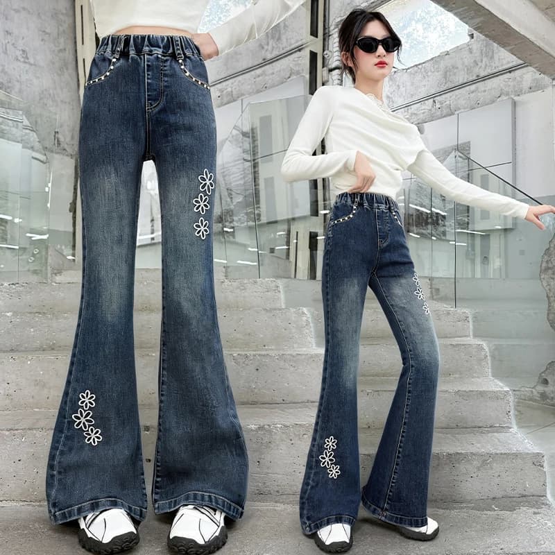 Jeans per ragazze piccanti American High Street con fiori Bambini Primavera Autunno Pantaloni in denim con taglio a stivale dal design vintage y2k