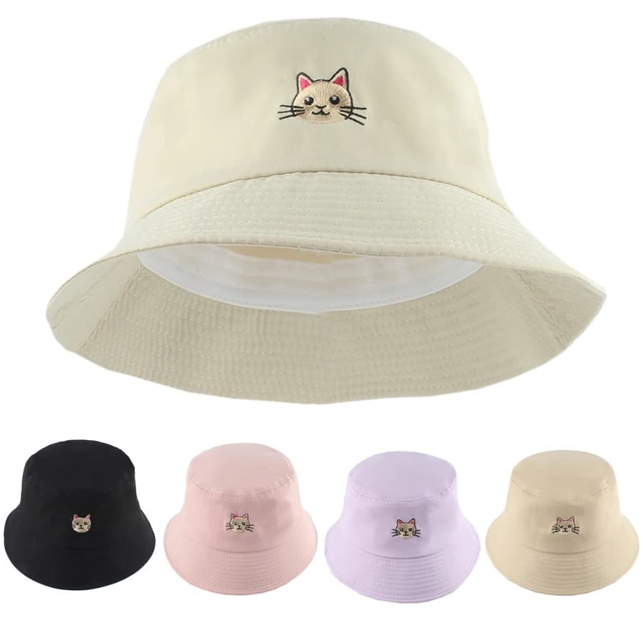 New hat fisherman in solid color woman summer cat embroidery cartoon cute hats fisherman outdoor hats folding outdoor Panama