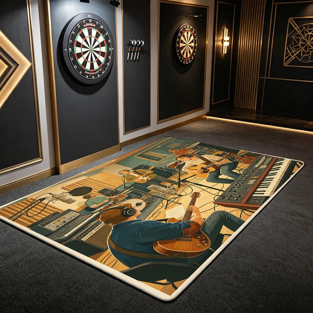 Retro Band Recording Studio Illustration Non-slip Washable Floor Mat for Motorcycle Area Prayer Room Darts Game Bedroom Home Dec