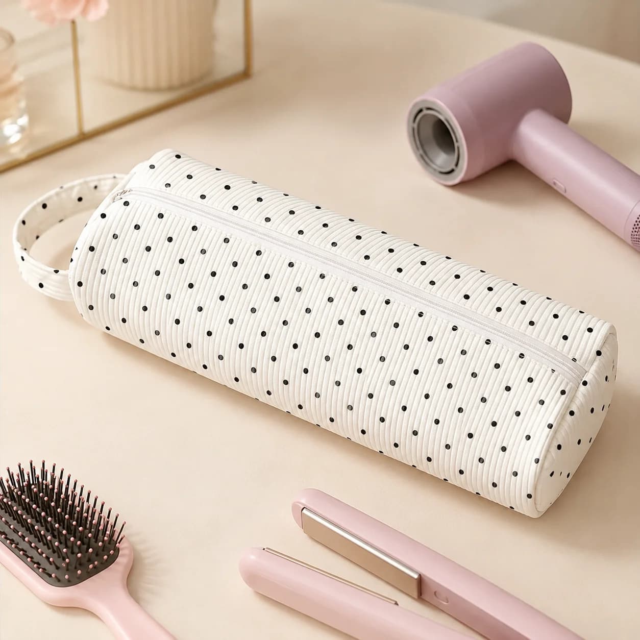 Hair Styling Tool Bag Ribbed Polka Dot Organizer Hair Dryer Storage Case Travel Straightener Pouch Beauty Accessories Organizer