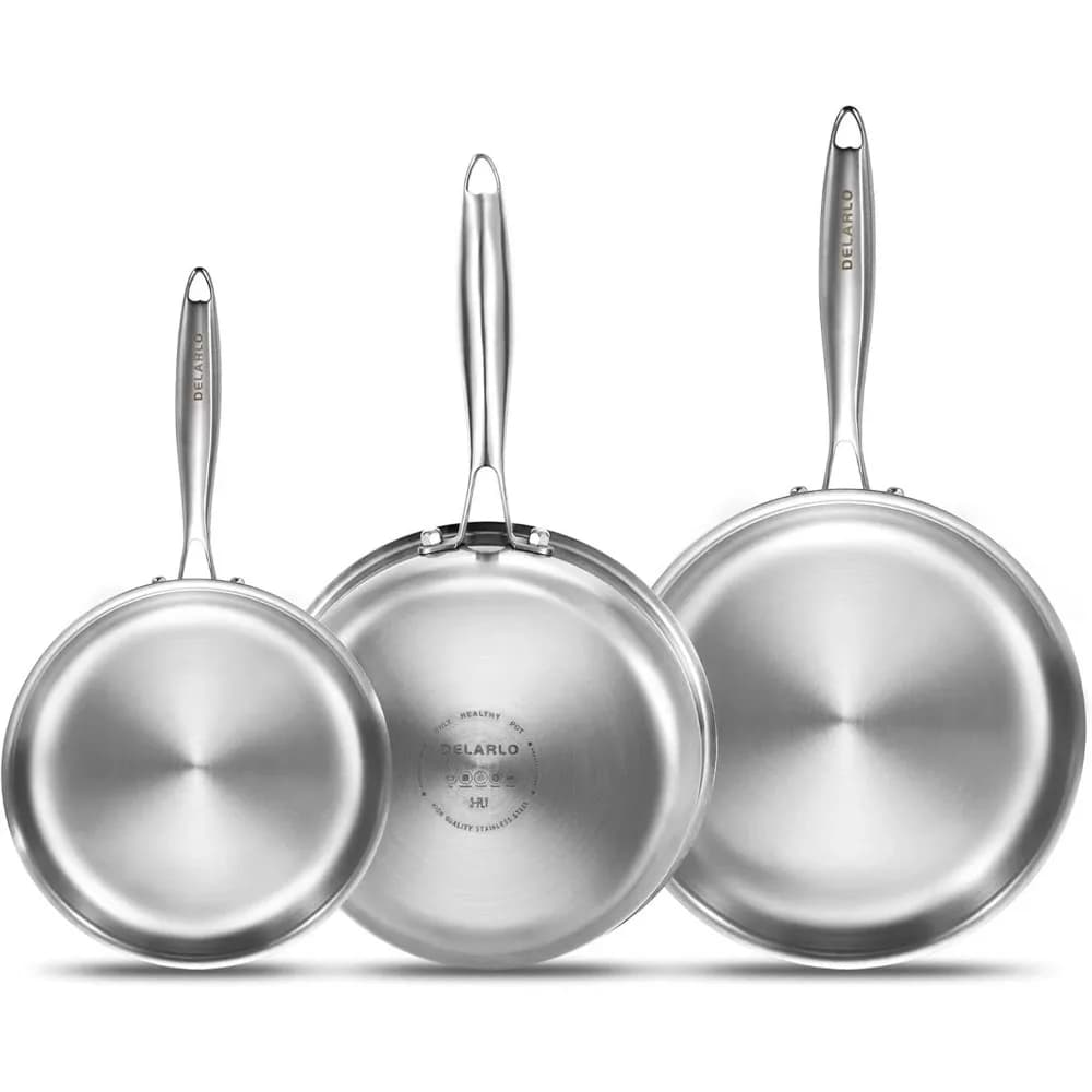 Set di Padelle in Acciaio Inox Tri-Ply 8 10 12 Pollici, Riscaldamento Rapido e Uniforme, Manico Ergonomico, Adatte a Tutti i Tipi di Fornelli