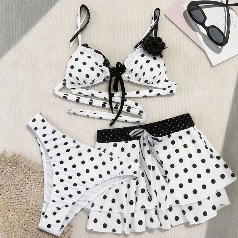 Completo Bikini Tre Pezzi Casual con Stampa a Pois e Decorazioni Floreali, Stile Sexy Spice Girl, Collezione Vacanze 2026