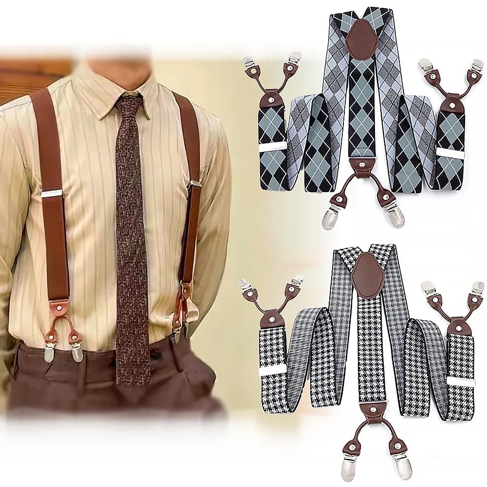 Confezione regalo Bretelle elastiche Bretelle Bracciale in pelle 6 Clip Bretelle Vintage Casual Suspensorio Bretelle regolabili unisex Accessori