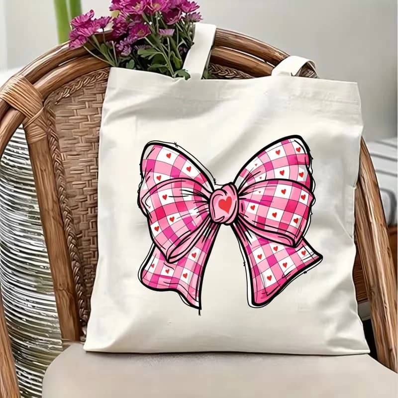 Gingham Heart Bow Ribbon Cartoon Print Canvas Tote Bag Reusable Shoulder Handbag Coquette Aesthetic Shopping Bag