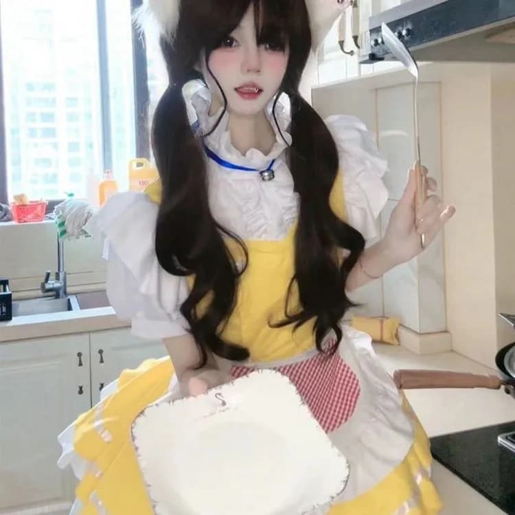 Cream puffs, grazioso vestito giallo da pulcino, costume da cameriera per cosplay di gattino carino e sorella dolce.