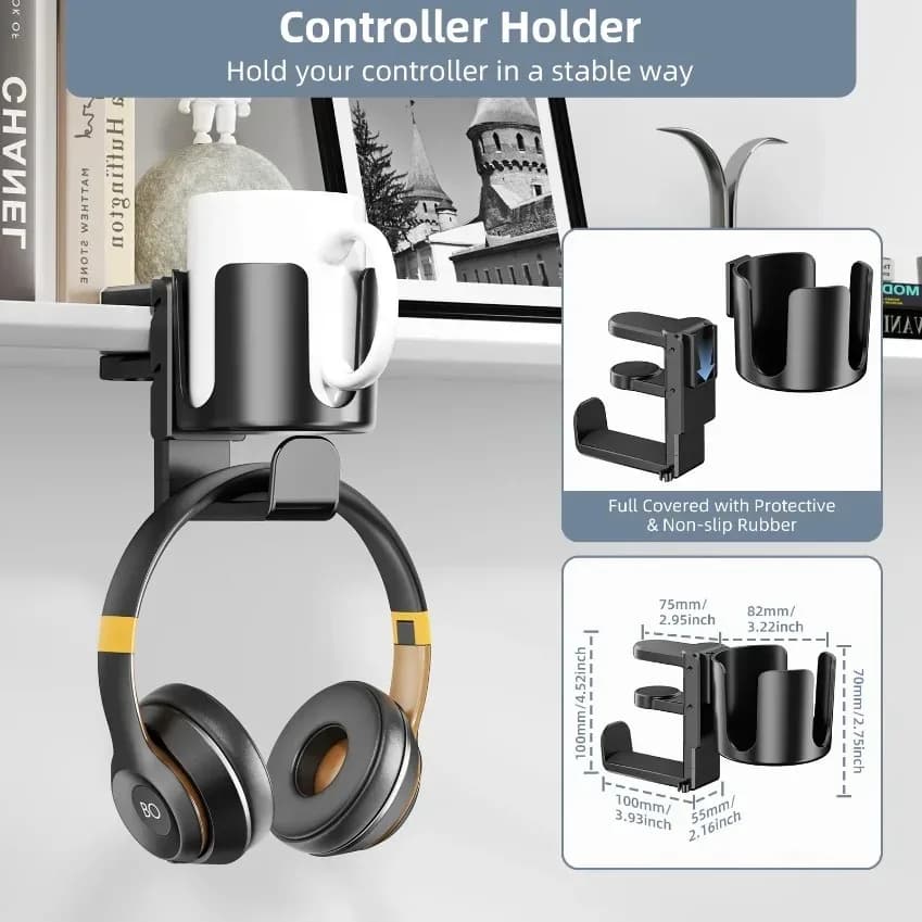 Multifunctional Headphone & Cup Holder Table Edge Adjustable Stable Stand 1PCS Headset Mount Beverage Storage Gaming Accessories