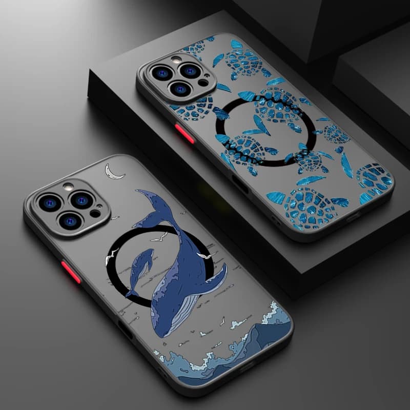 Cover Magnetica per iPhone con Stampa Balene e Tartarughe, Compatibile con MagSafe, in Acrilico, per Modelli 17e, 17, 16, 15, 14 Pro Max, 13, 12 Pro, 16, 15, 14 Plus, 11