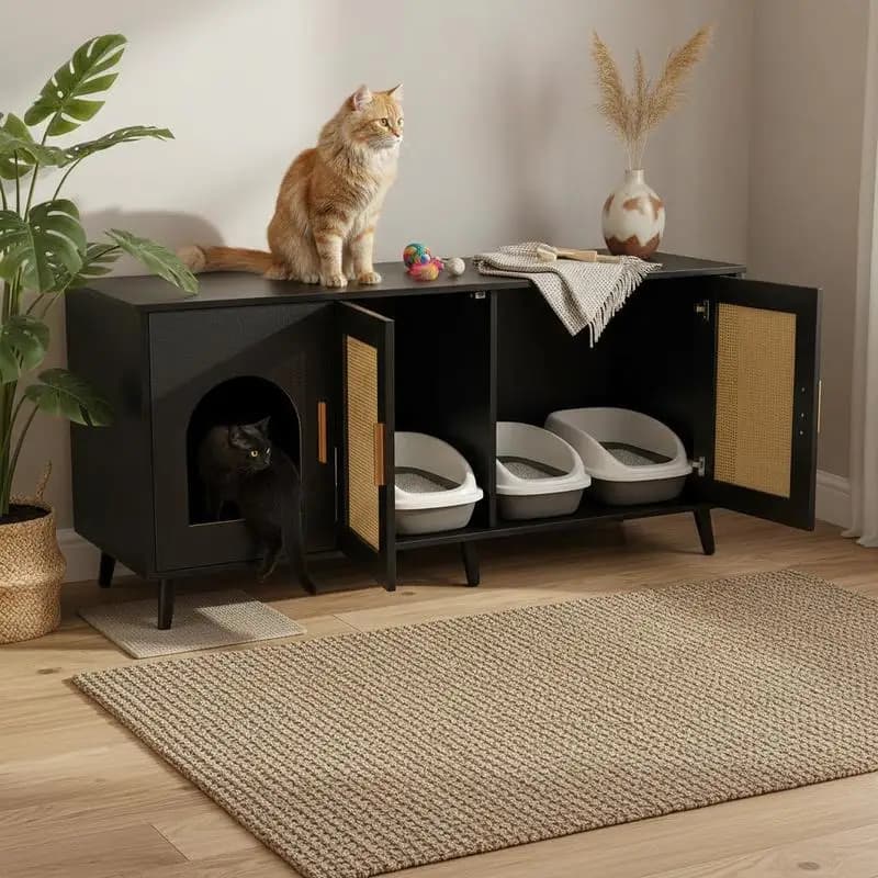 Cat Litter Box Enclosure Wooden Litter Box Furniture Hidden 2 Rooms Black