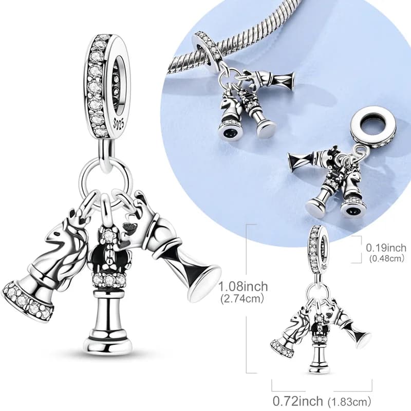 Ciondolo originale in argento sterling 925 con perline, pezzi degli scacchi, adatto per bracciale originale, collana per donna, uomo, regalo di gioielli fai da te