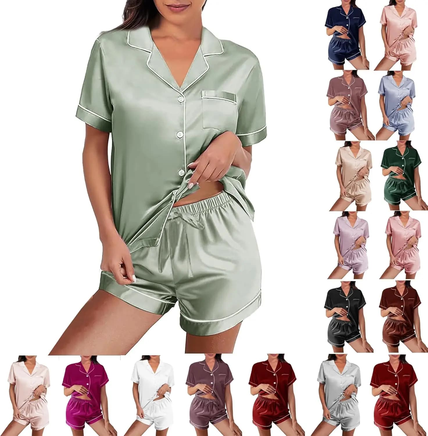 Pigiama da donna in raso di seta, completo due pezzi con bottoni, fantasia floreale, taglie XS-4XL