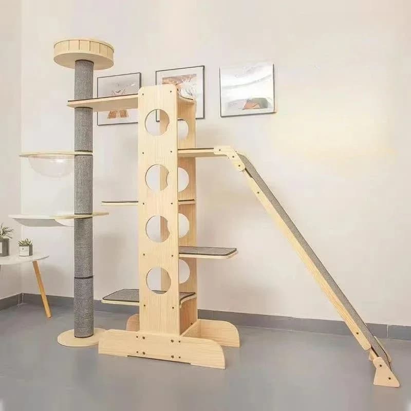 Grande Struttura per Gatti in Legno Massello, Albero per Gatti Deluxe Multilivello con Tiragraffi e Cuccia