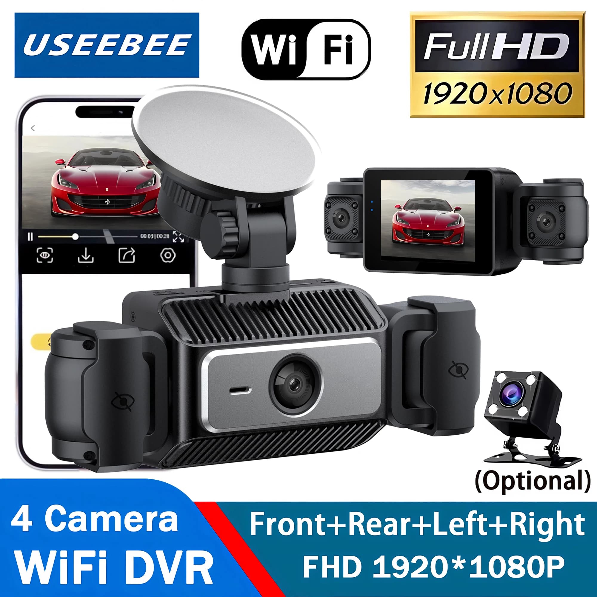 Dash Cam WiFi for Auto, Video Recorder DVR with 4 Cameras, Black Box Front and Back, Night Vision, Loop Registration