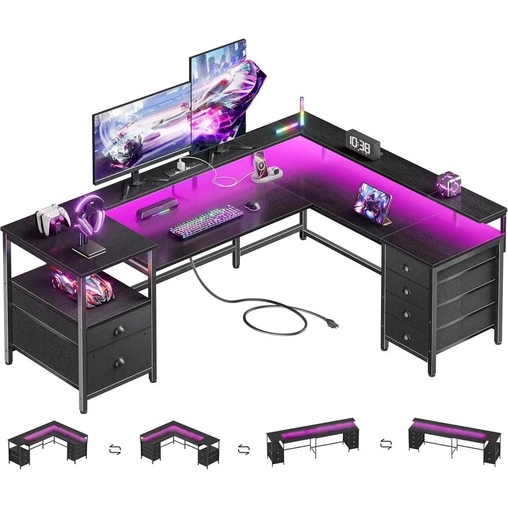 Reversible 66 L-Shaped Gaming Desk with 6 Drawers, Printer Storage, Power Outlets, LED Lights, and Monitor Stand - Black