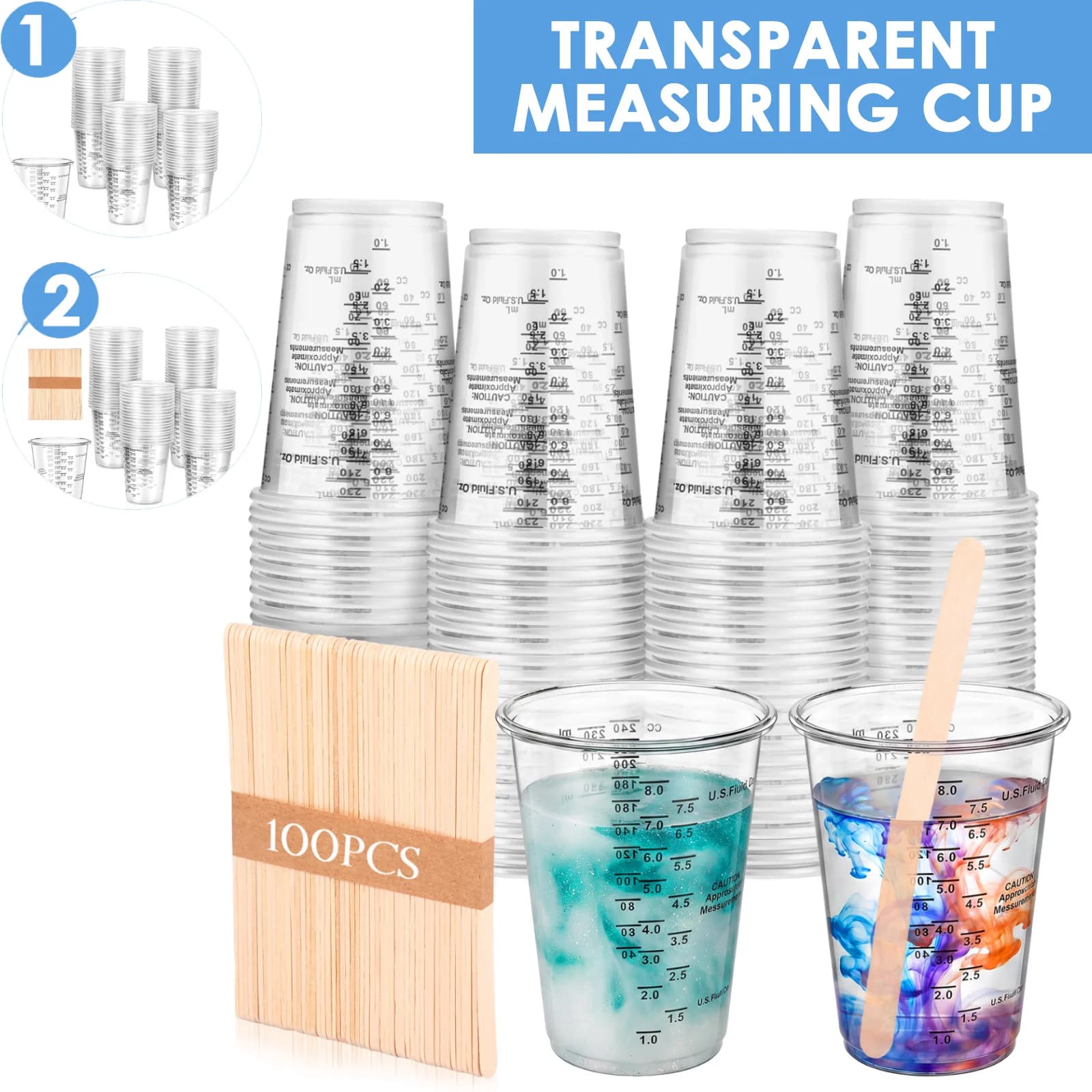 100Pcs Epoxy Mixing Cup with Wooden Stick Disposable Clear Measuring Cups with Scale for Baking Paint Pigments DIY Craft Mixing