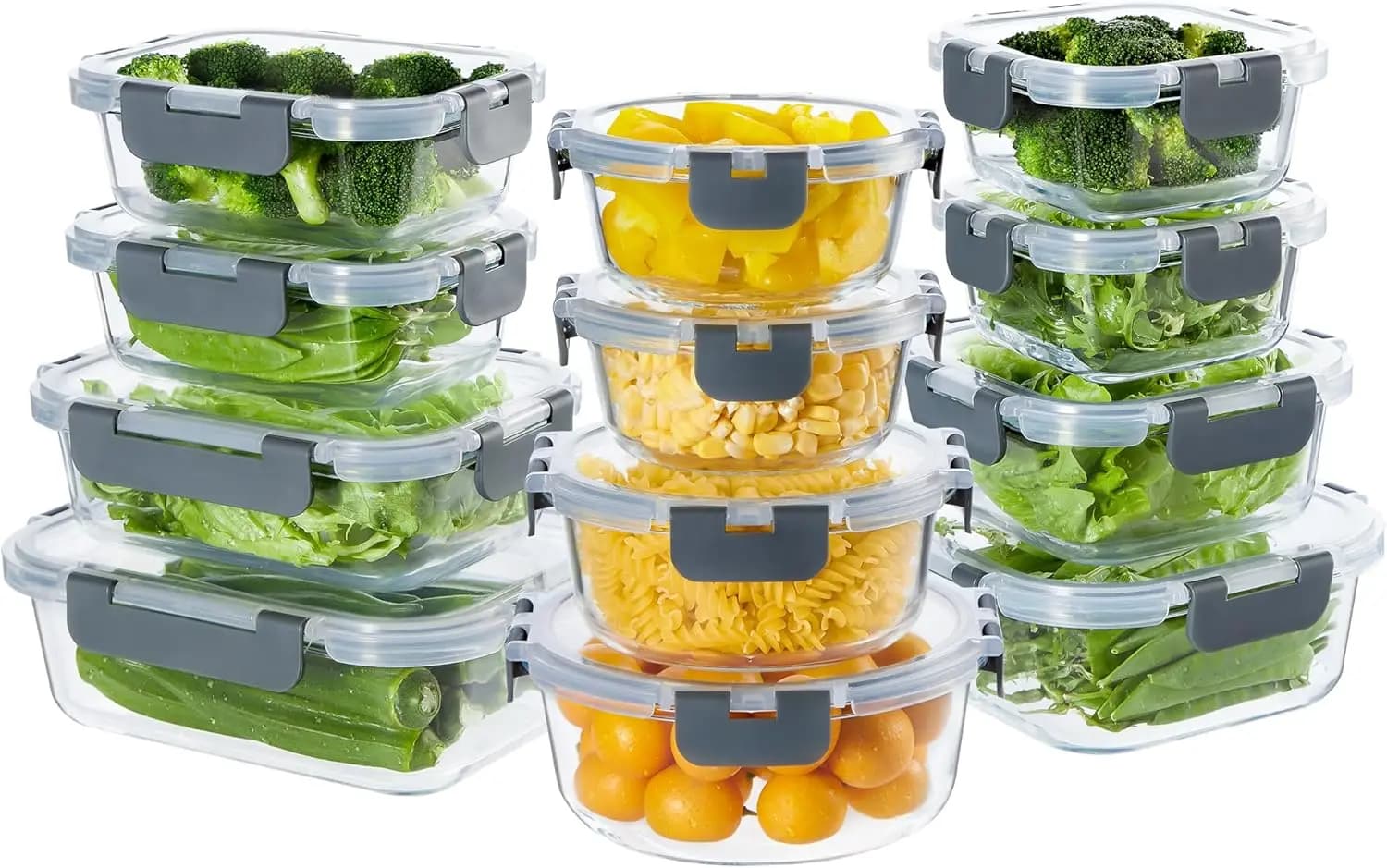 Set di 24 Contenitori in Vetro per Preparazione Pasti con Coperchi, Ermetici e Antisgocciolamento, Adatti per Freezer, Microonde e Lavastoviglie, Colore Grigio