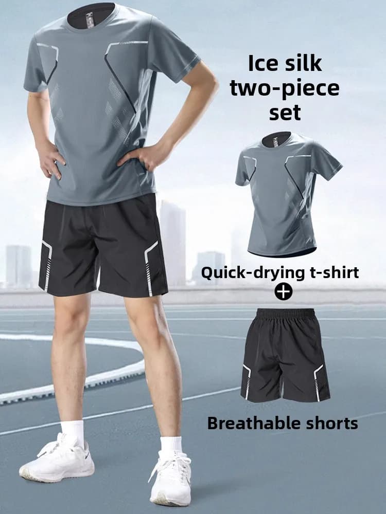 Completo Sportivo da Uomo: Abbigliamento Estivo per Fitness, Corsa, Asciugatura Rapida, T-shirt a Maniche Corte e Pantaloncini in Seta Ghiaccio per Allenamento