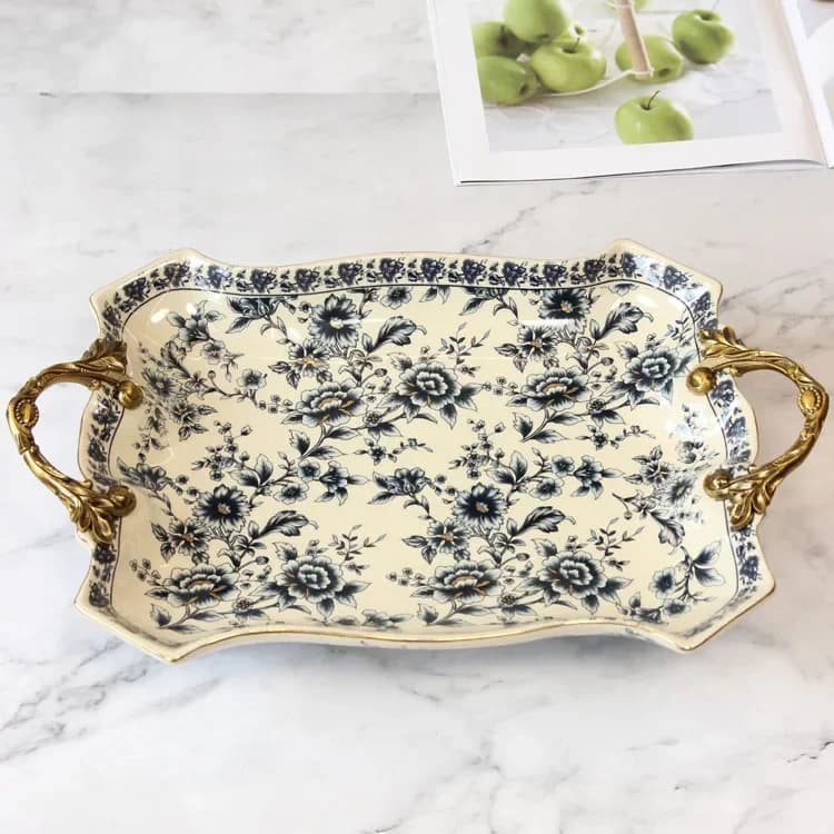 Vassoio per frutta in ceramica di lusso in stile europeo con manici Vassoi portaoggetti per ornamenti morbidi Piatto di frutta secca