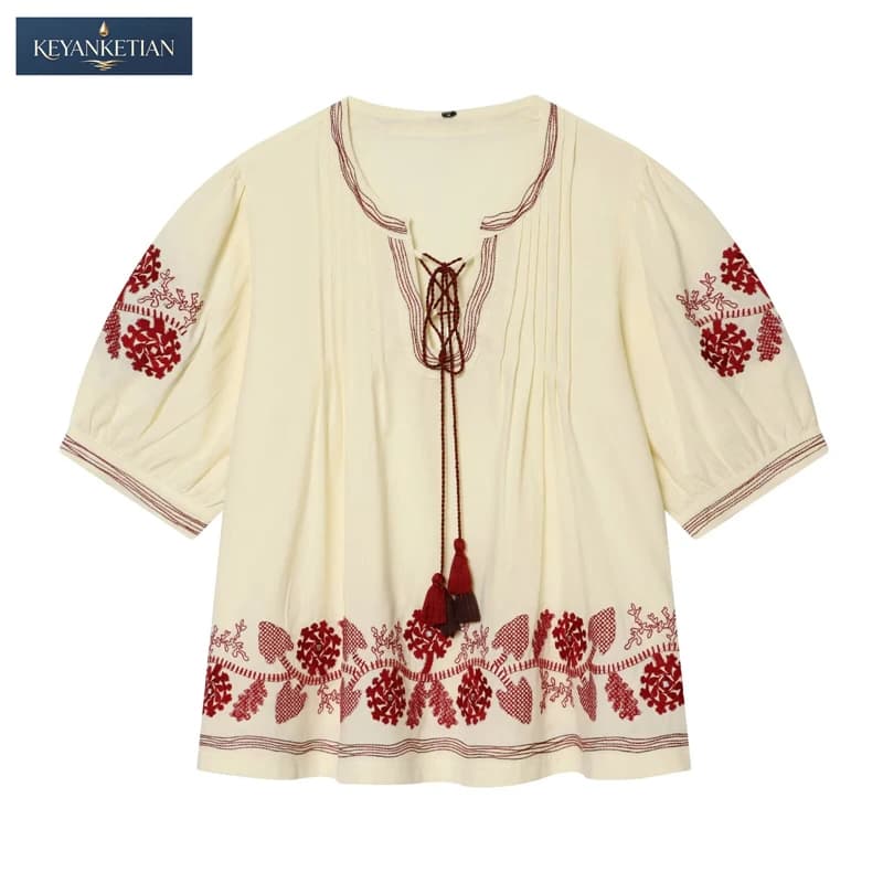 KEYANKETIAN 2026 Camicetta Boho da Vacanza Rossa con Ricami Floreali, Scollo con Laccetti, Coulisse con Nappe e Mezza Manica a Sbuffo