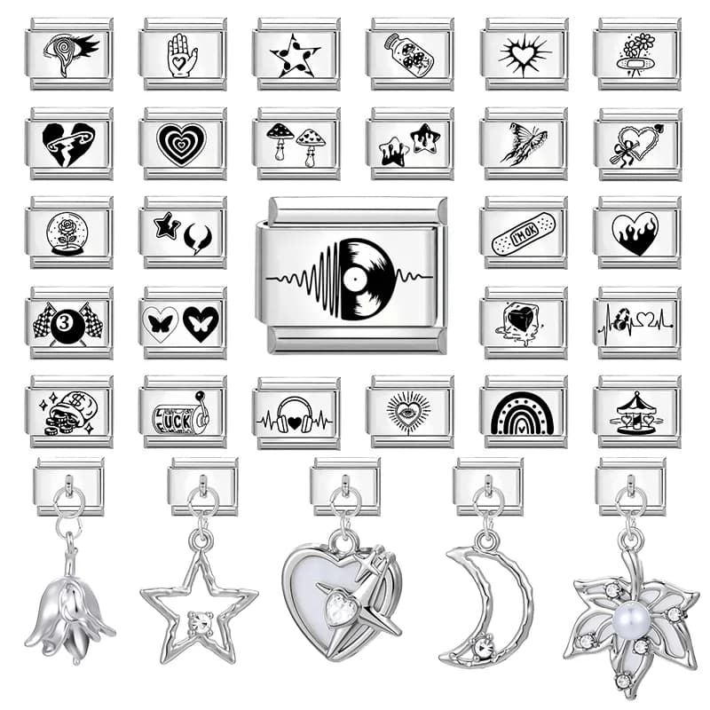 Wholesale Laser Engraving CD Heart Butterfly Stars Moon Italian Charm Link Fit 9mm Stainless Steel Bracelet Women Men DIY Making