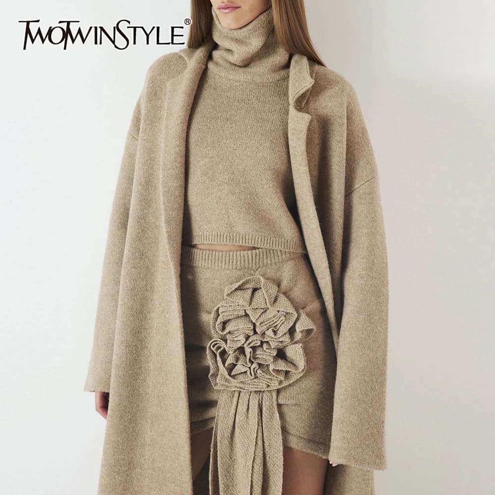 TWOTWINSTYLE Set da tre pezzi per donna Cappotto a maniche lunghe con risvolto Gilet a collo alto Moda con volant impiombati Gonna Chic Set femminile Nuovo