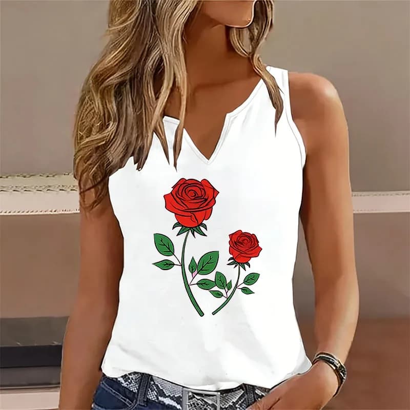 T-shirt Senza Maniche alla Moda con Scollo a V, Casual, Stampa Floreale a Rose, Canotta da Donna a Maniche Corte con Scollo a V