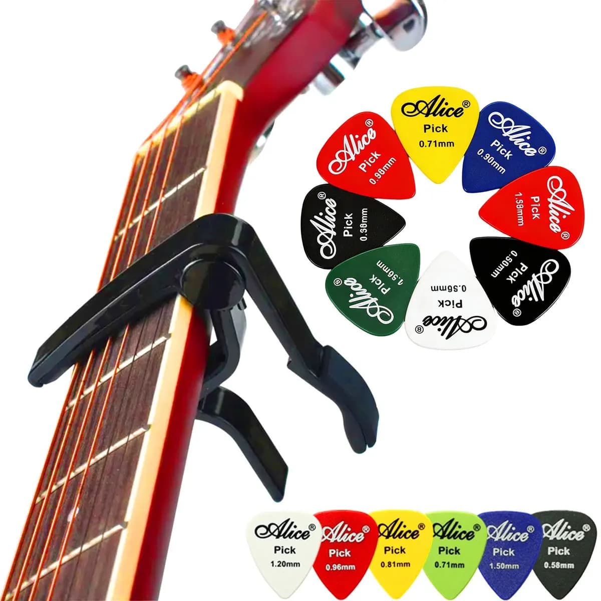 Capotasto per Chitarra in Lega Nera a Cambio Rapido con 6 Plettri - Controllo di Precisione per Chitarre Acustiche ed Elettriche ZSY