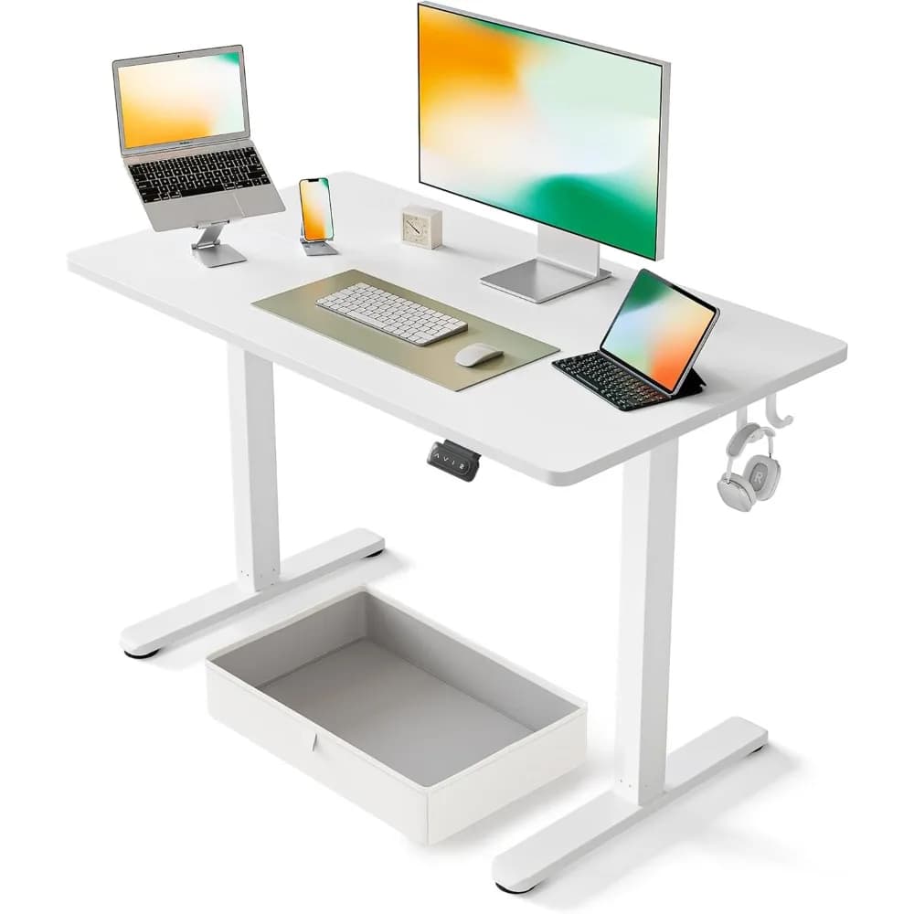 Scrivania in piedi da 40 x 24 pollici con cassetto, scrivania per computer con supporto per sedersi, postazione di lavoro ergonomica, tavolo stand up per ufficio domestico con contenitore